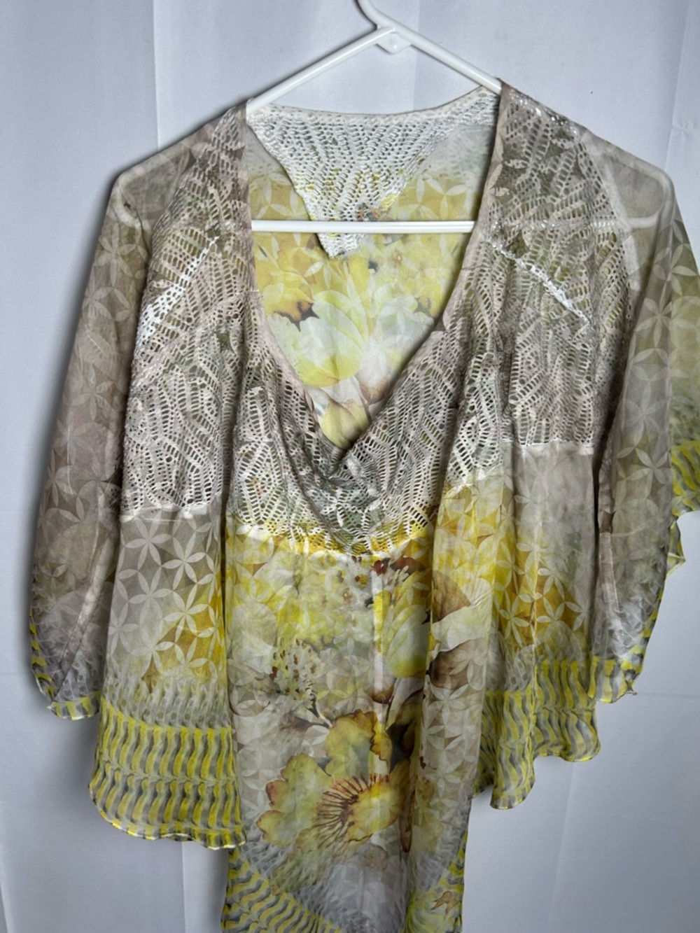 Cato Yellow Floral Lace Overlay V-Neck Blouse